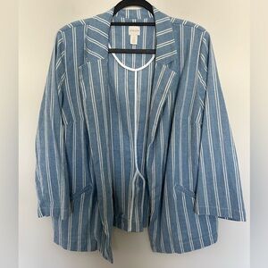 Chico’s Striped Chambray Style Cotton Unlined Open Front‎ Blazer Size 2